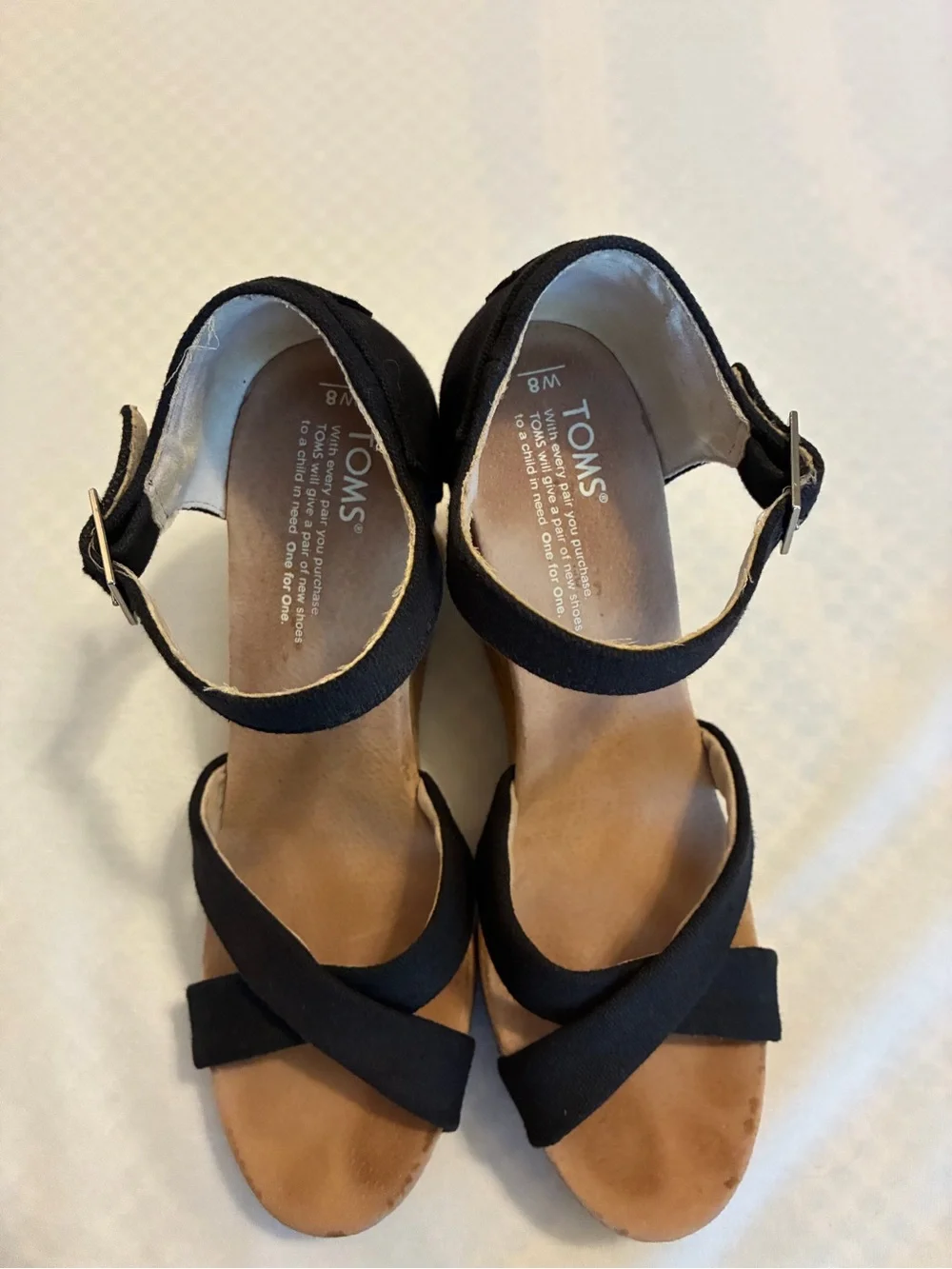 Toms Black Cork Wedge Sandals with Ankle Buckle